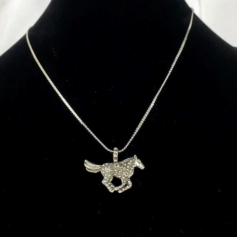 Silver-Tone Galloping Horse Pony Mustang Pendant Necklace Equestrian - Picture 4 of 11